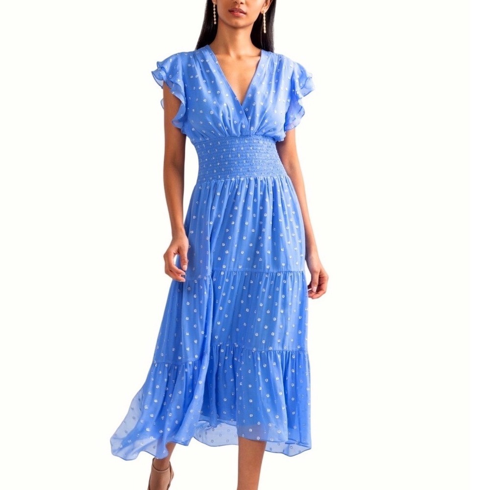 Shoshanna Midnight Dress 0 NWT Periwinkle Smocked Waist Flutter Sleeve Maxi
